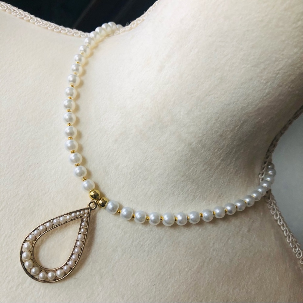 Handcrafted repurpose teardrop faux pearl pendant Czech glass Pearl necklace